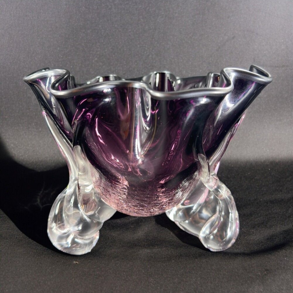 2005 Hand Blown Glass‎ Bowl Centerpiece Purple Crackle Glass Artist Signed Decor